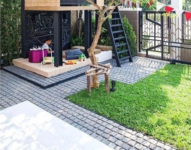 raven exfoliared grey cobblestone tiles and pavers patio