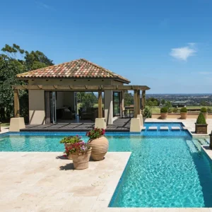 Ivory travertine french pattern around pool