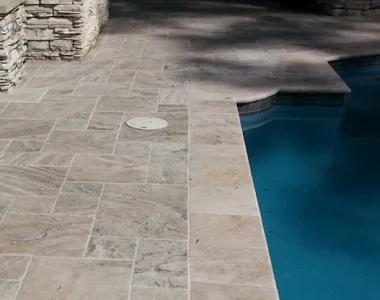 oyster silver travertine bullnose pool coping, round edge pool coping, silver pool coping tiles at stone pavers